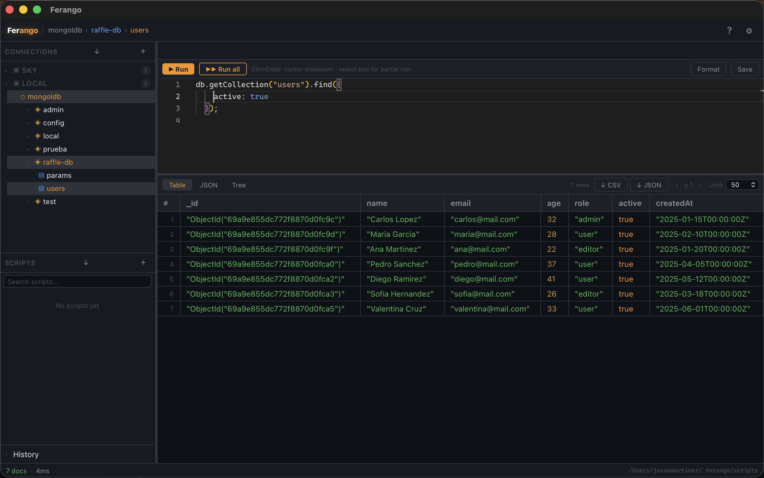 Ferango dark mode — query editor with results